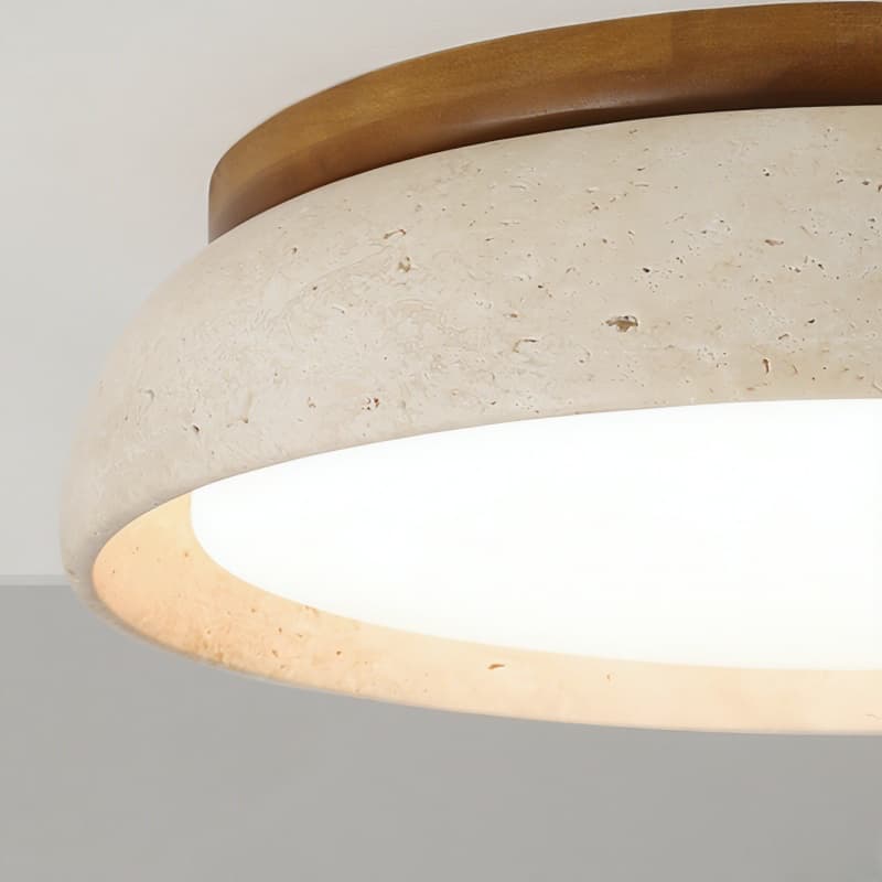 Deckenlampe aus natürlichem Travertin – Runde Lampe aus Walnussholz für den Eingangsbereich