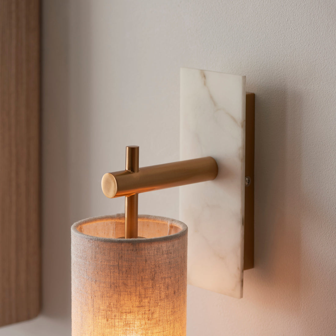 Vintage Brass Marble Wall Sconce - Natural Linen Shade