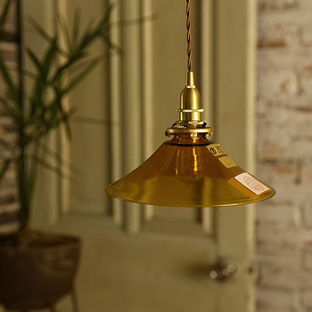 Retro Cone Pendant Light - Amber Glass Hanging Lamp for Kitchen Island