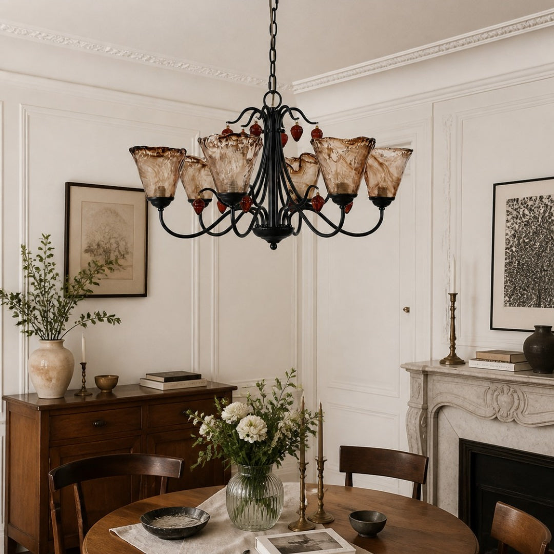 Upward Amber Tulip Glass Metal Chandelier