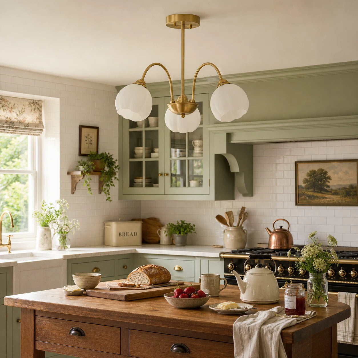 Three-arm chandelier in a kitchen