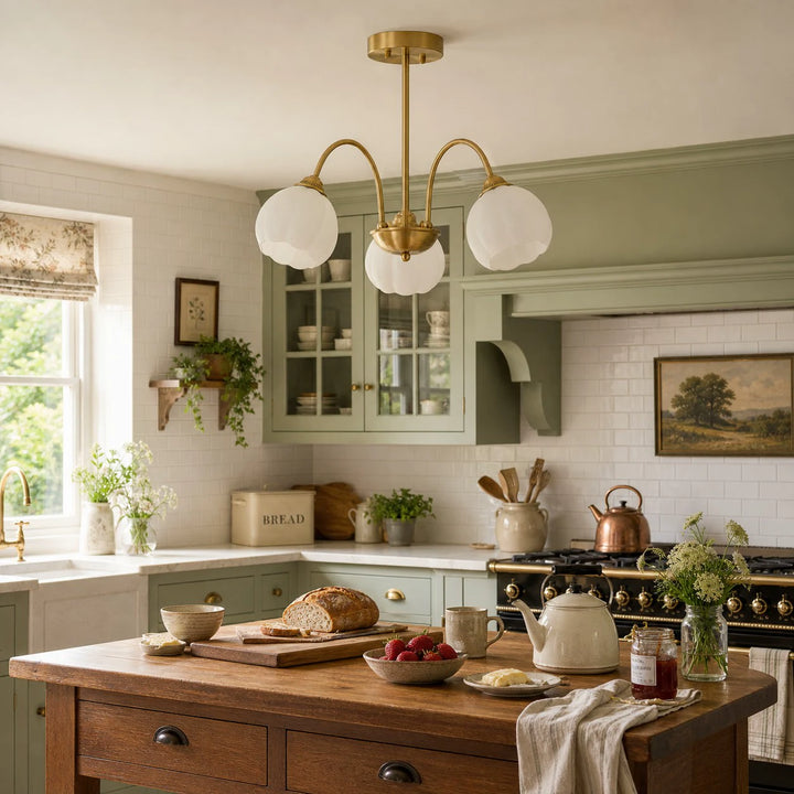 Three-arm chandelier in a kitchen