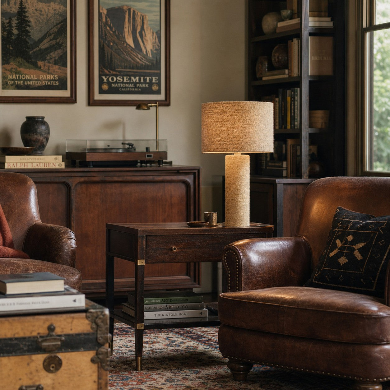 Woven jute table lamp in a warm reading room