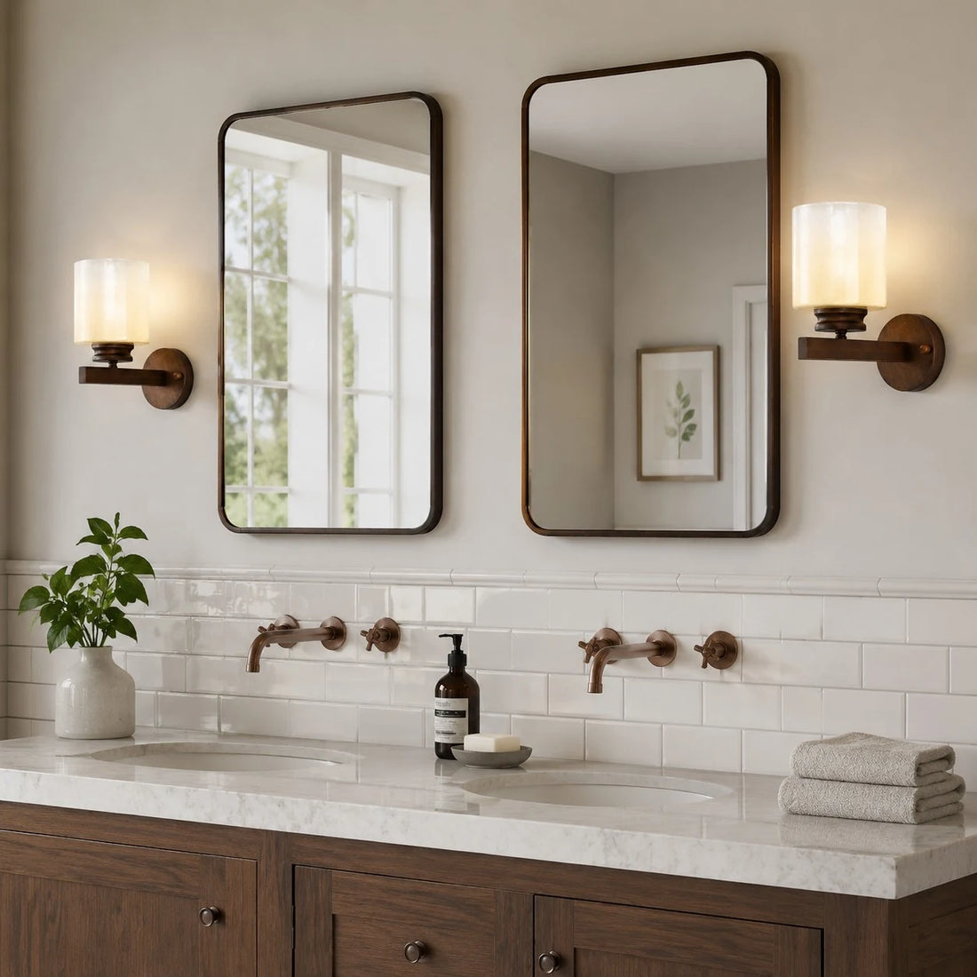 Pair of aged bronze sconces above a double bathroom vanity