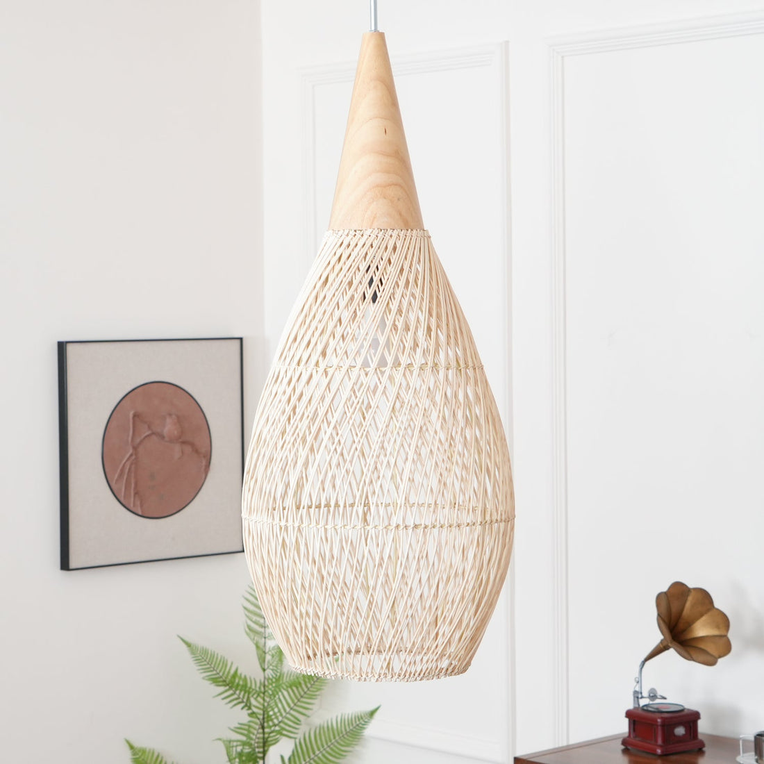 Woven Rattan Wood Plug-In Pendant Light