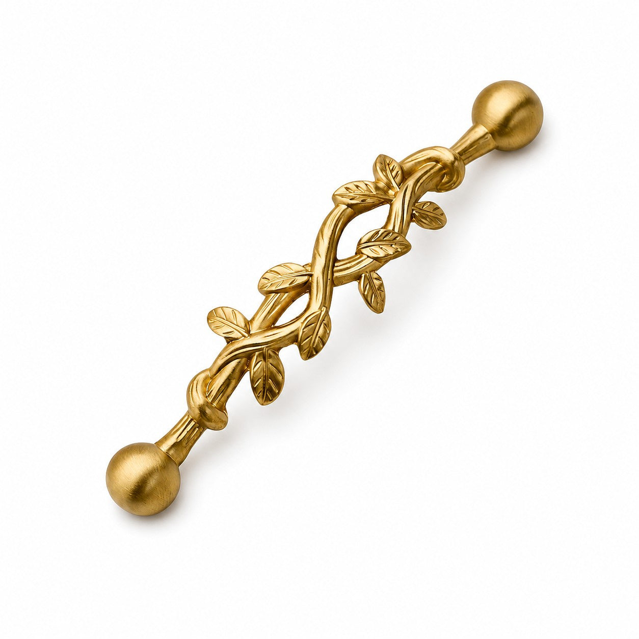 Brushed brass leaf cabinet pull on a white background
