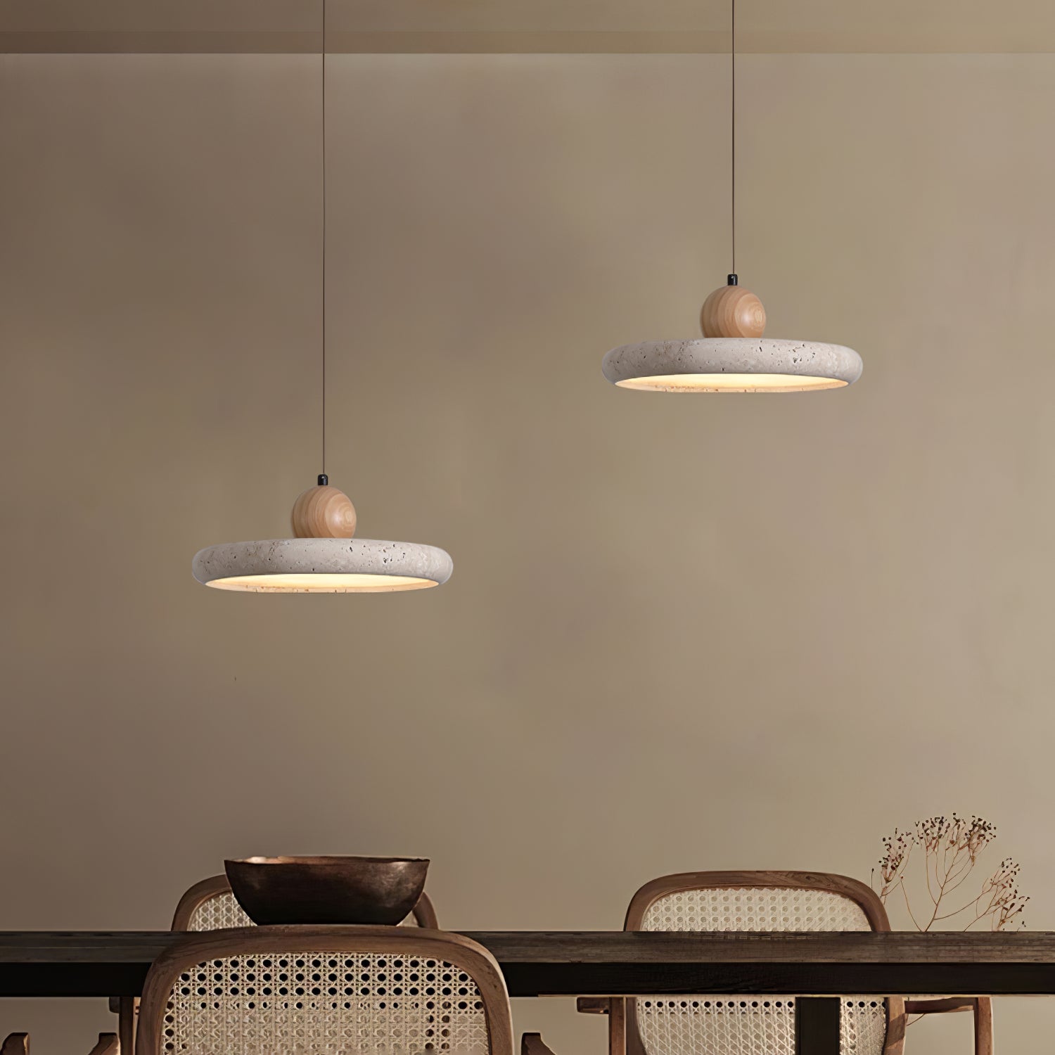 Travertin-Holz-Plug-in-Hängeleuchte
