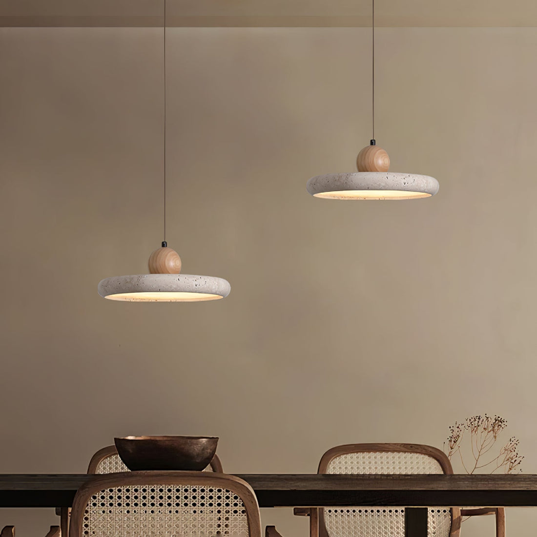 Travertin-Holz-Plug-in-Hängeleuchte