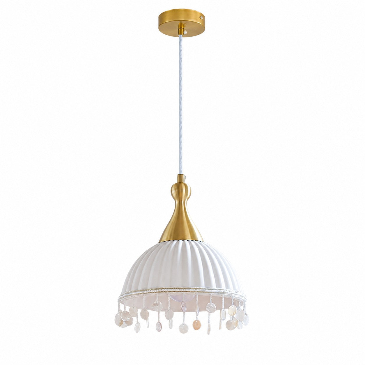 Beaded ribbed white ceramic pendant chandelier