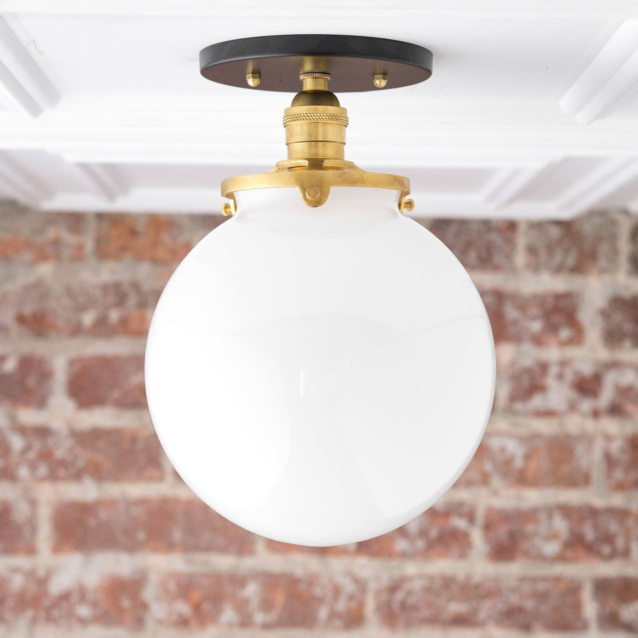 Glorica Glass Mid Century Semi Flush Ceiling Light - White Opal Glass Globe Fixture