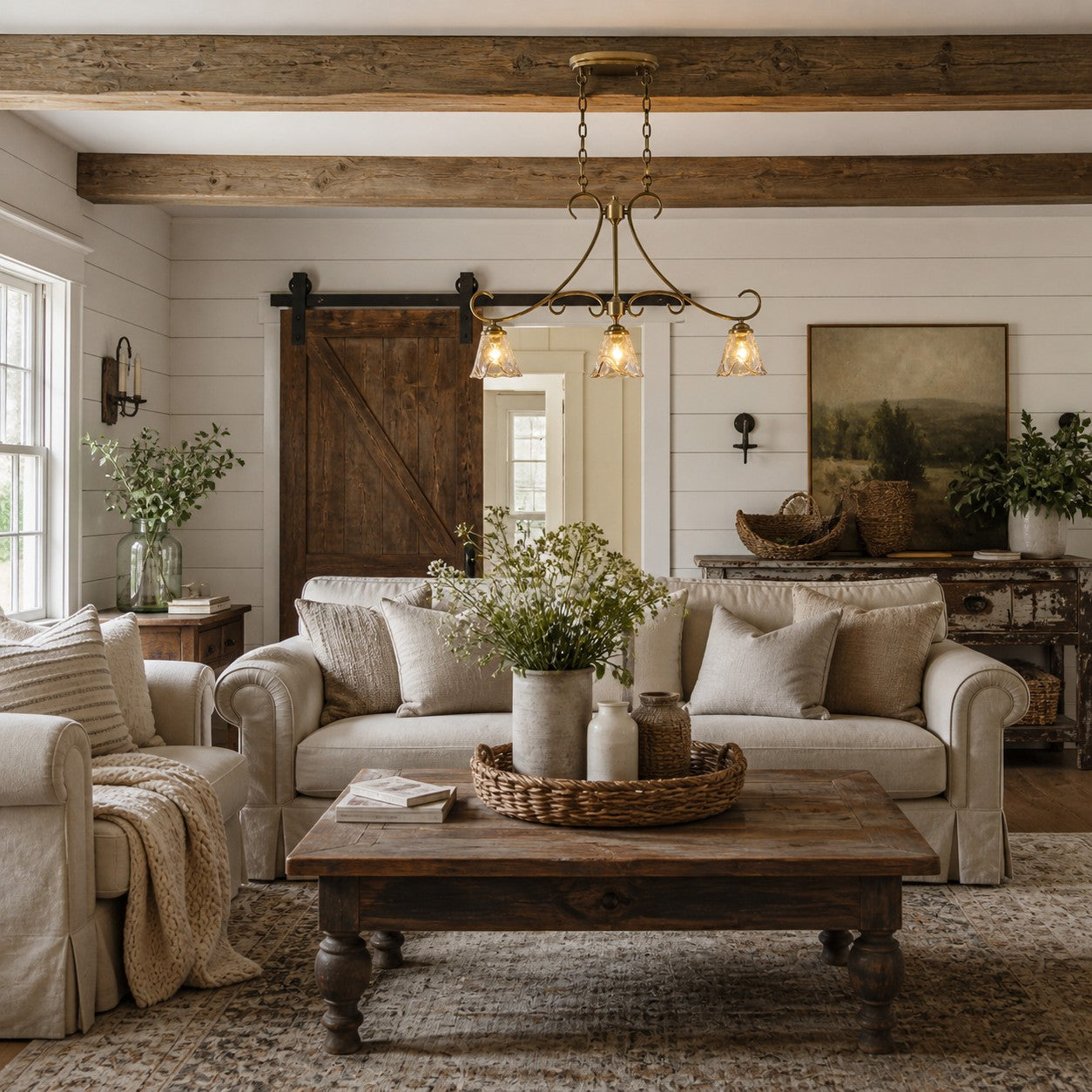 French Country Brass and Amber Glass Linear Chandelier