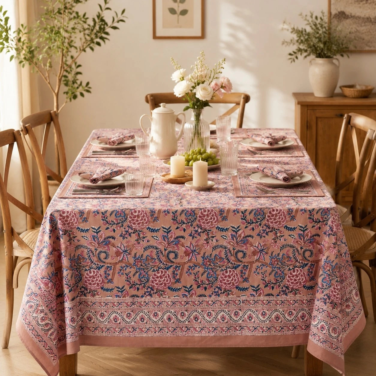Rose mauve floral tablecloth styled in a warm dining room