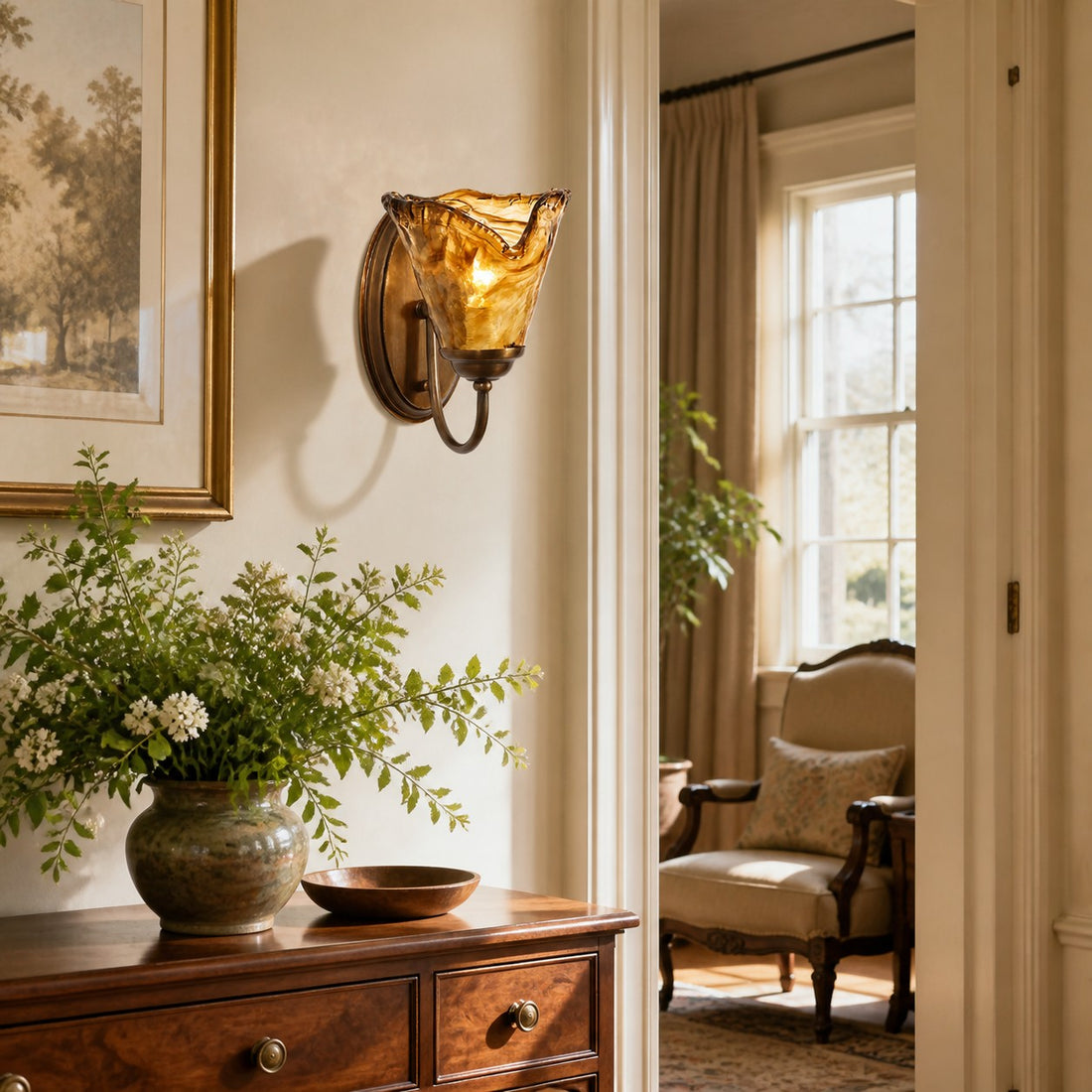 Sculpted Amber Glass and Brass Wall Sconce