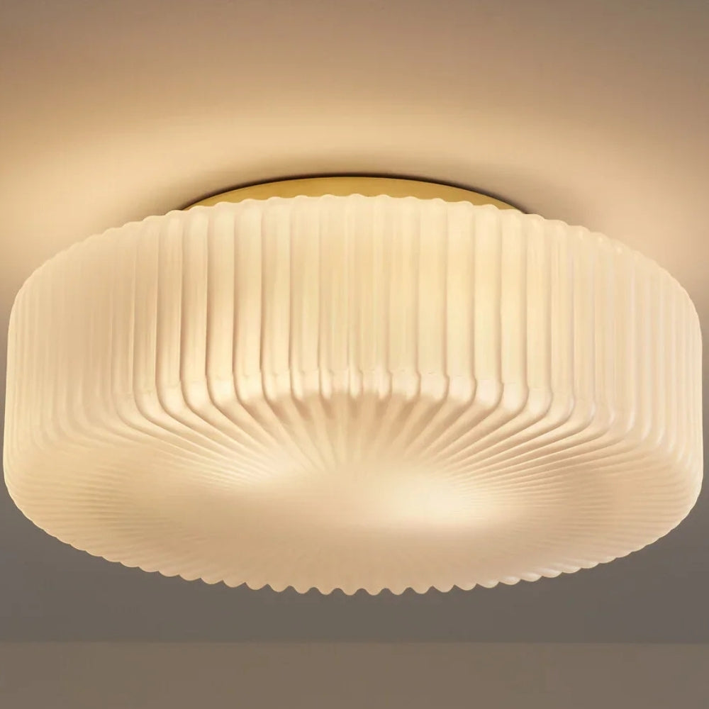 Lunorib Contemporary Opaline Glass Ceiling Fixture - Textured Ribbed Metal Lighting for Living Areas