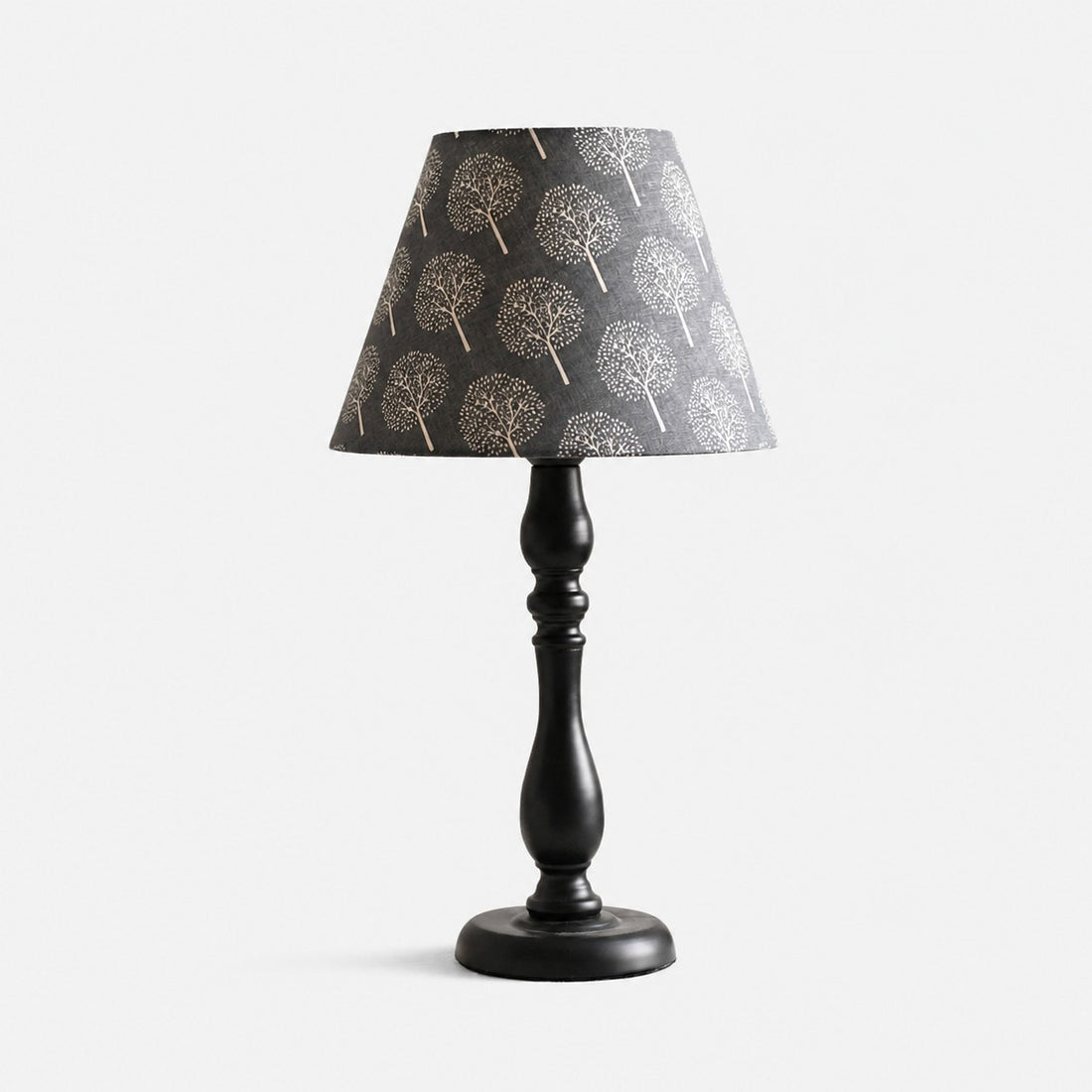 Vintage black iron table lamp with night birch fabric shade
