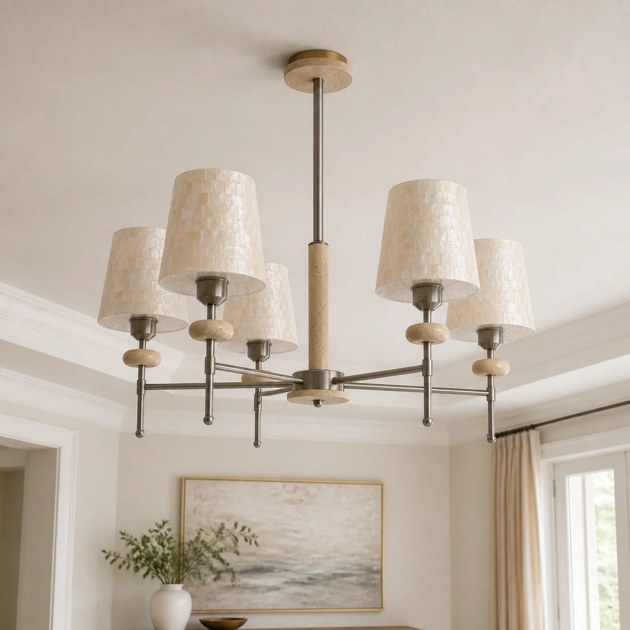 White shell mosaic chandelier in a calm interior