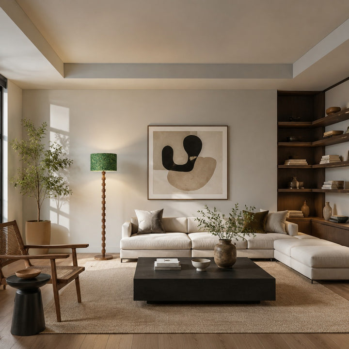 Wood floor lamp beside a neutral living room sofa