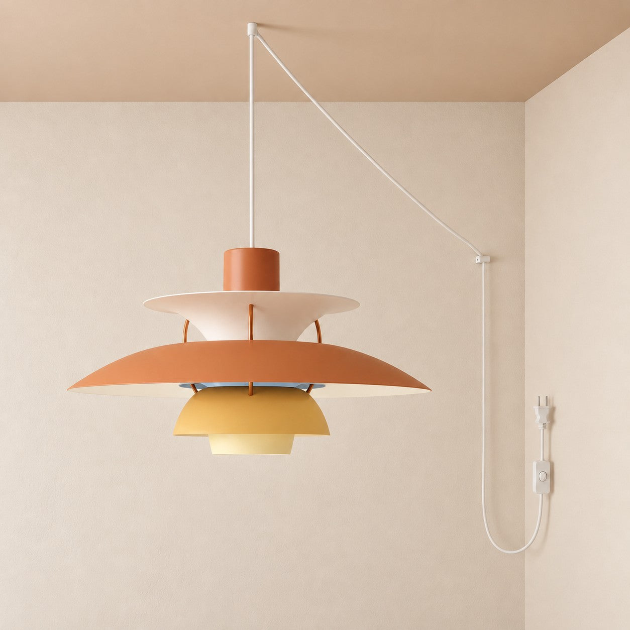 Moderne mehrlagige bunte Pendelleuchte mit Stecker und Zugkabel - Hängelampe aus Metall