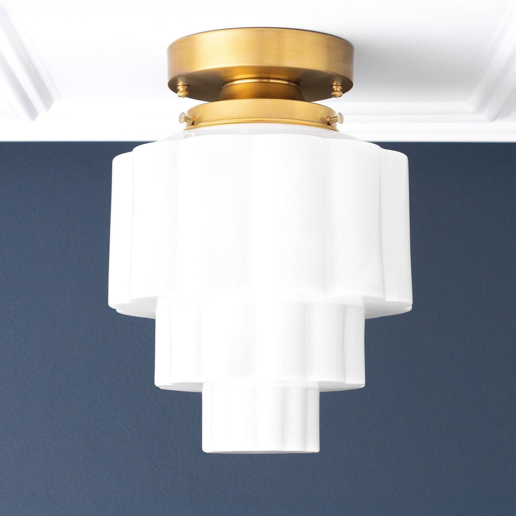 Geotower Glass Brass Ceiling Light – Art Deco Ribbed Globe Flush Mount