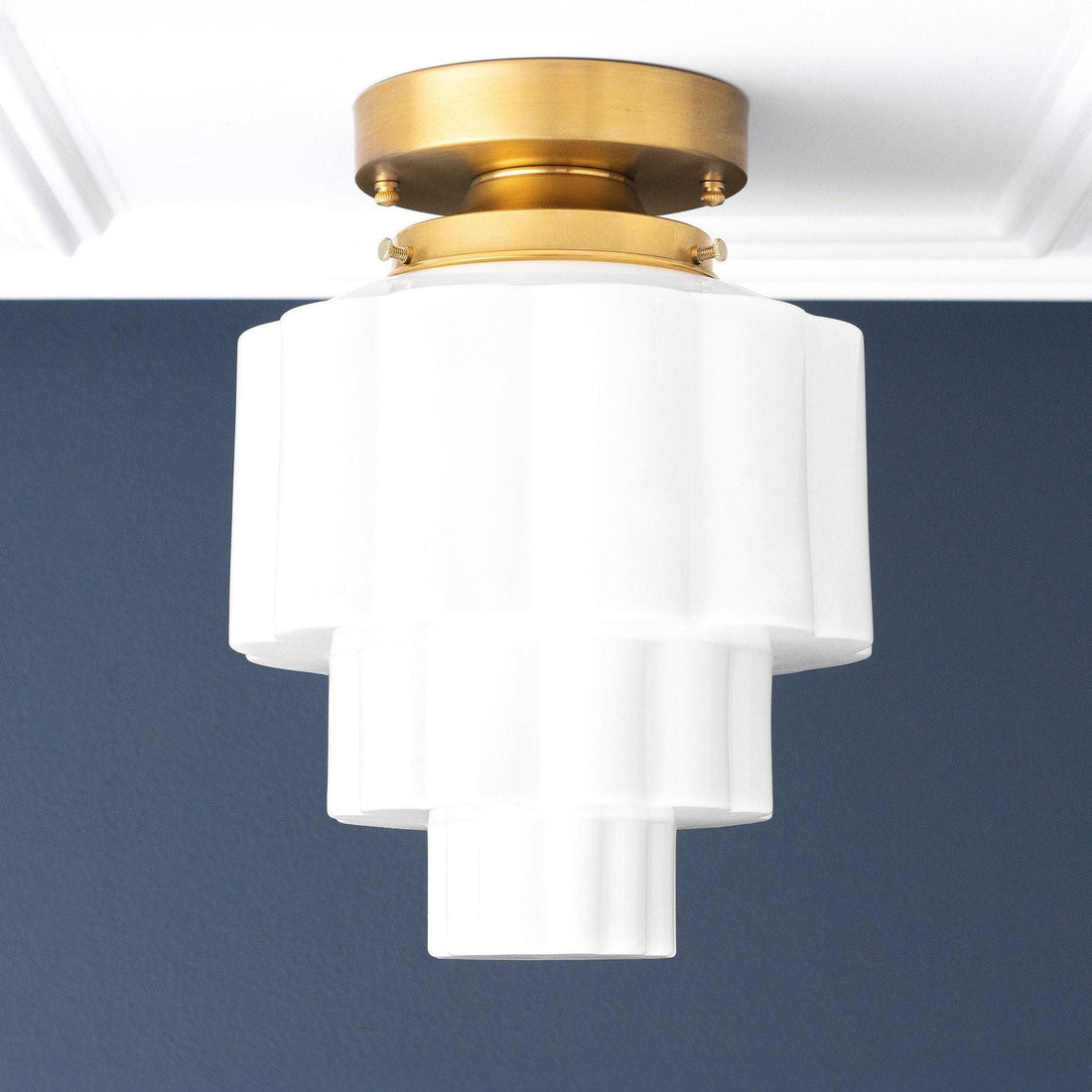 Geotower Glass Brass Ceiling Light – Art Deco Ribbed Globe Flush Mount
