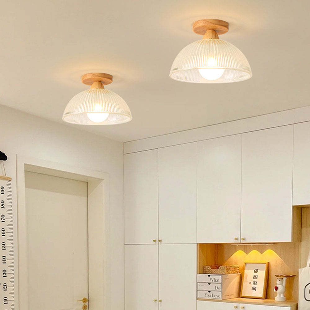 Solid Wood Glass Ceiling Lamp - Modern Semicircle Fixture for Hallway