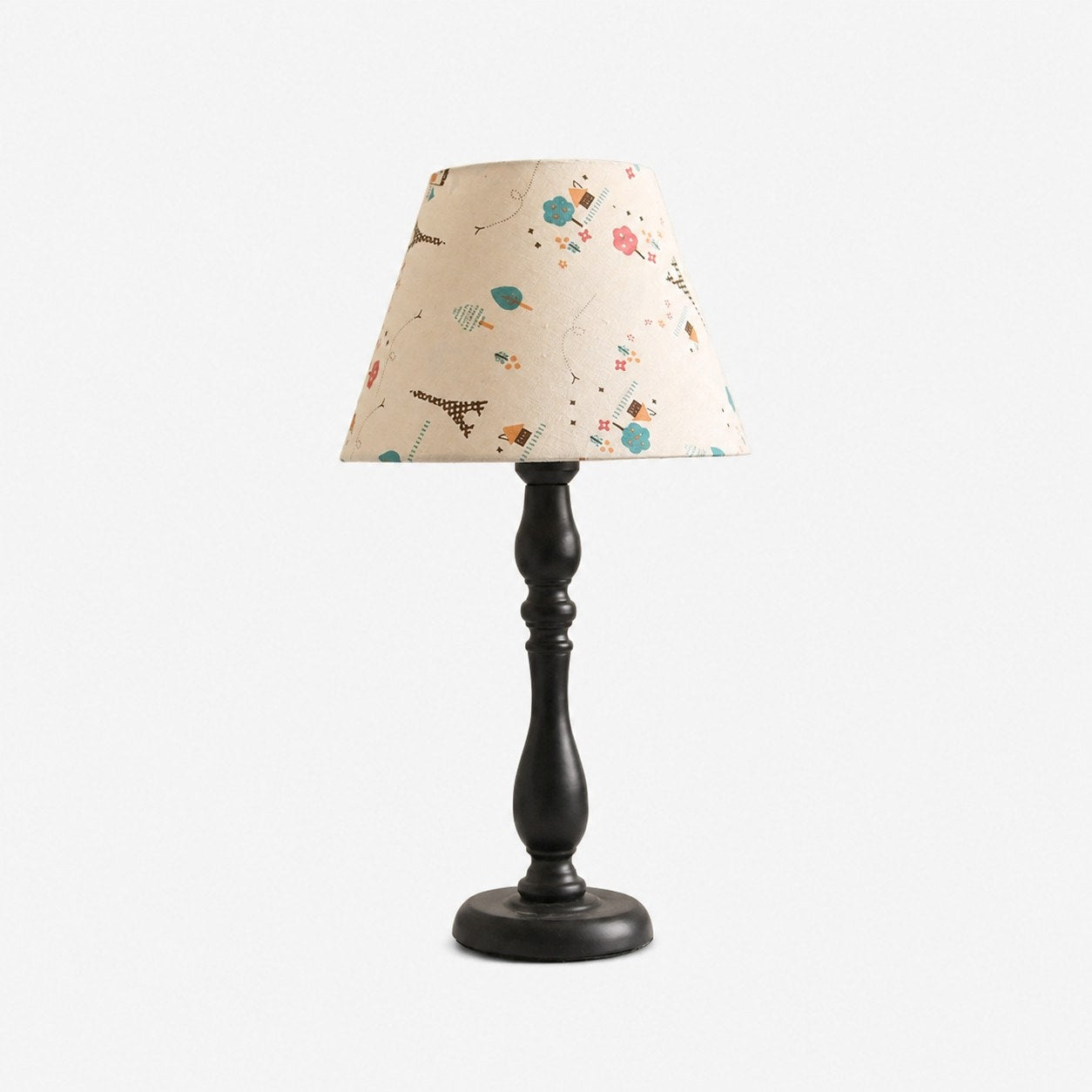 Vintage black iron table lamp with playful doodle fabric shade