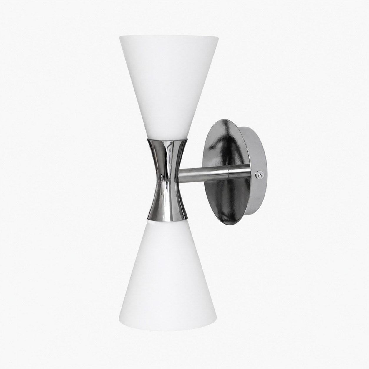 White glass wall sconce with chrome hourglass frame