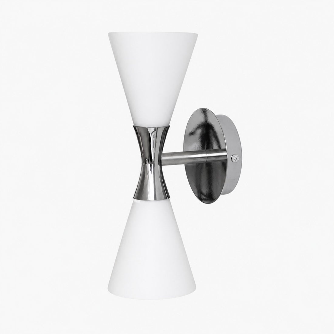 White glass wall sconce with chrome hourglass frame