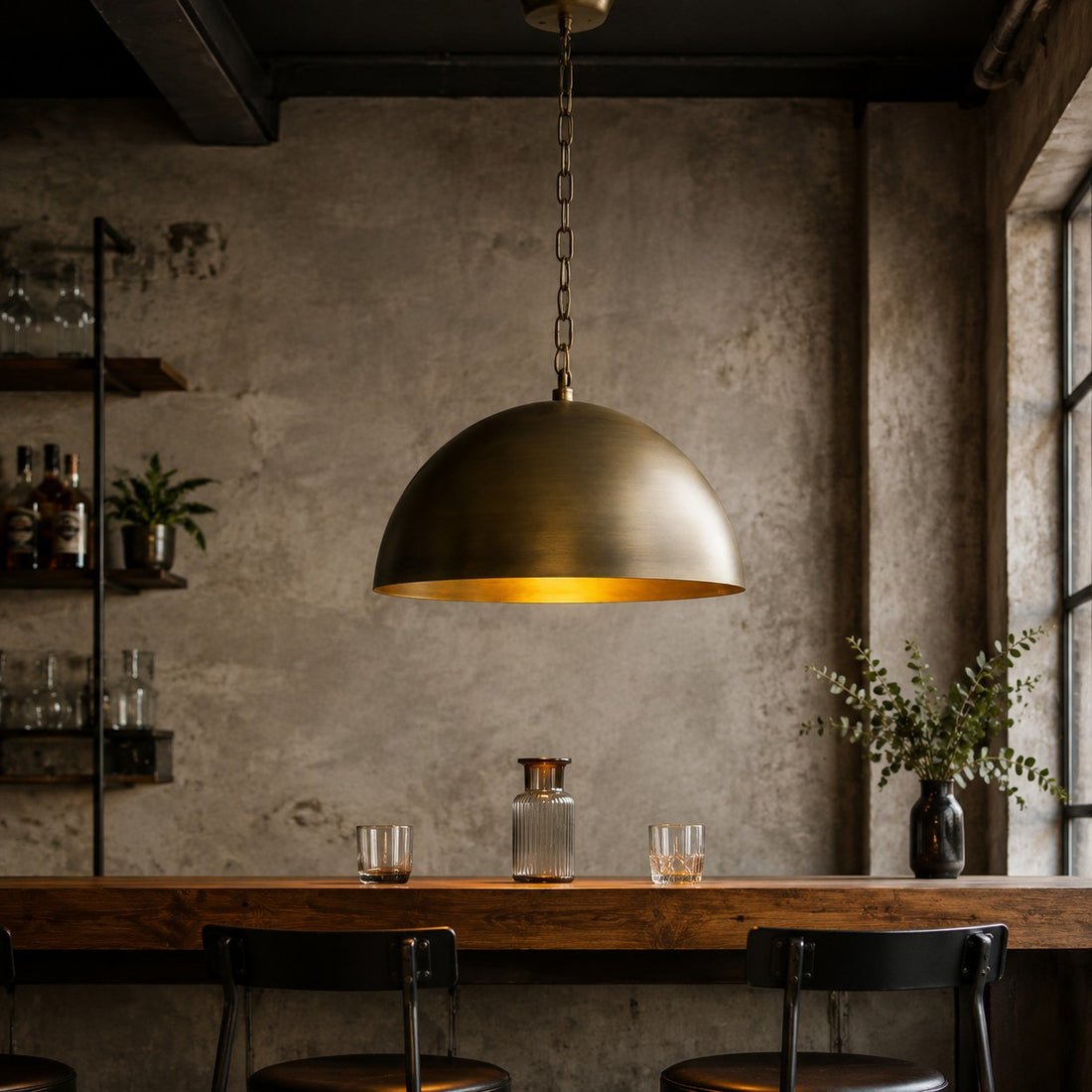 Large aged matte brass dome pendant light with warm inner finish