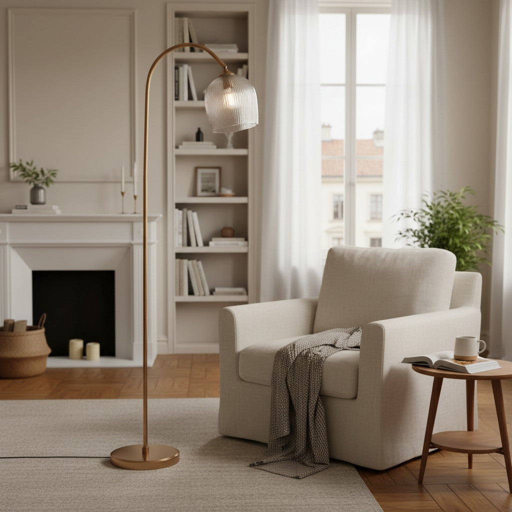 Brazara Adjustable Glass Shade Floor Lamp – Curved Metal Stem for Living Spaces