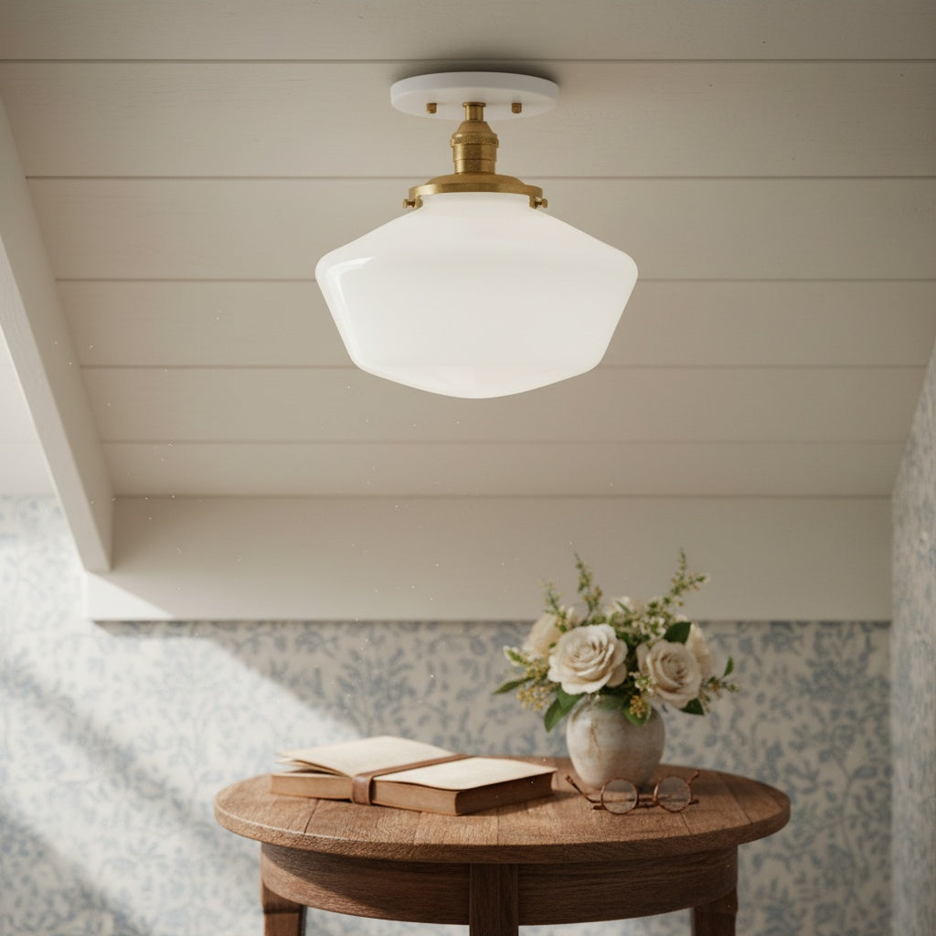 Geotower Glass Brass Ceiling Light - Opal Glass Schoolhouse Shade - Modern Elegance