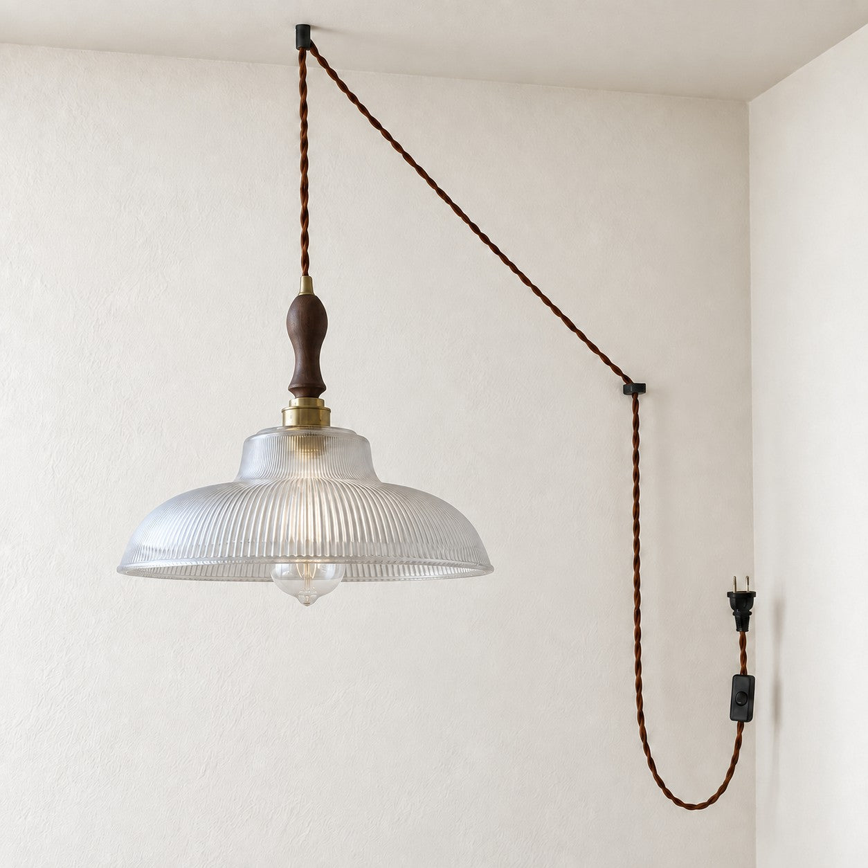 Vintage Ribbed Glass Shade Plug‑in Swag Pendant Light - Hanging Lamp for Dining and Living Room
