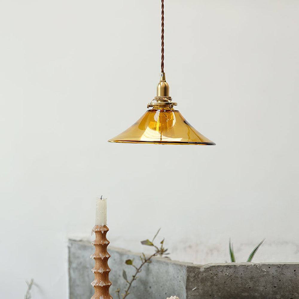Retro Cone Pendant Light - Amber Glass Hanging Lamp for Kitchen Island