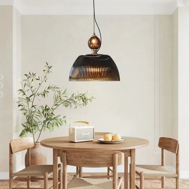 Green Glass Pendant Light - Vintage Striped Lamp for Kitchen Island