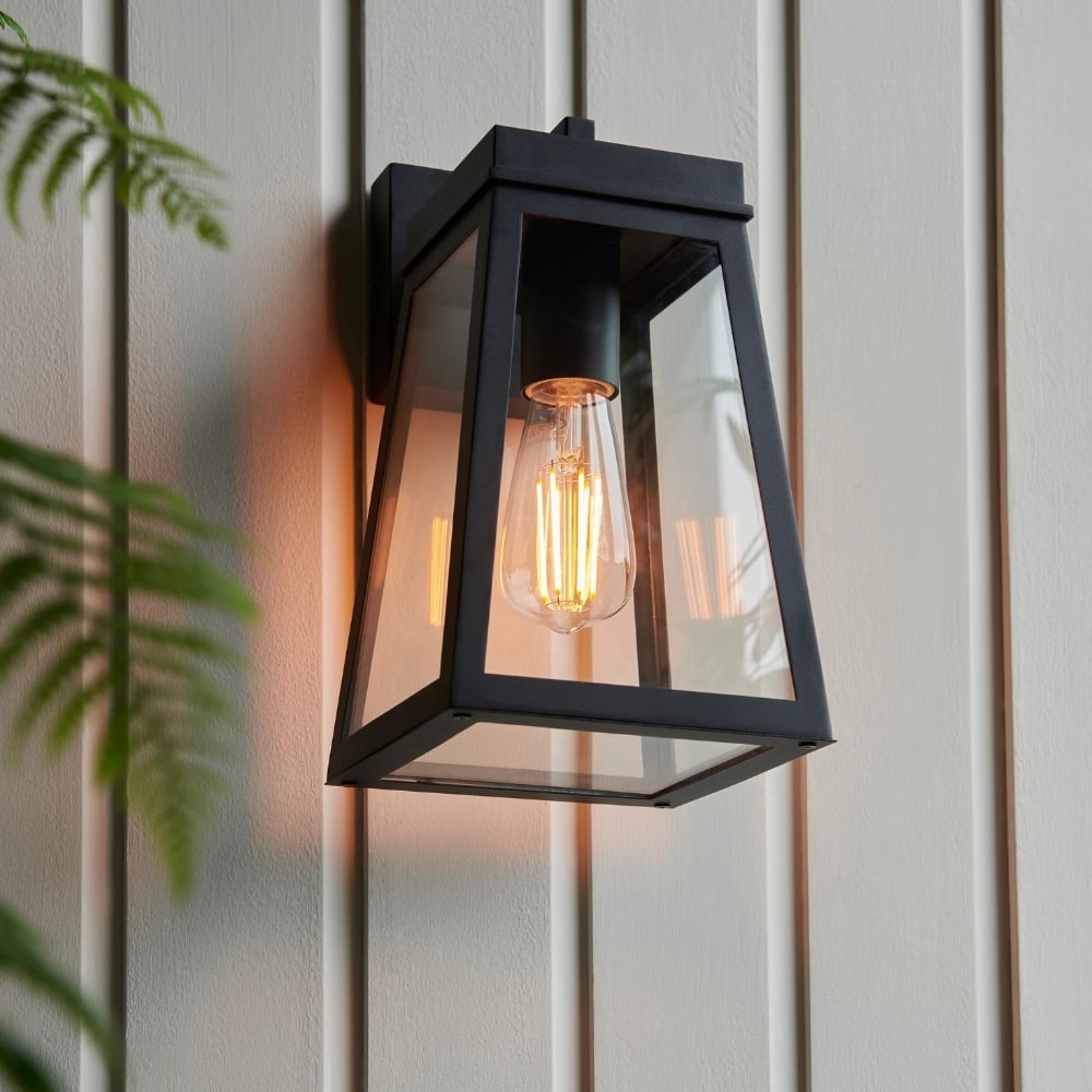 Trevanta Clear Glass Black Outdoor Lantern Wall Light - Modern Exterior Lighting