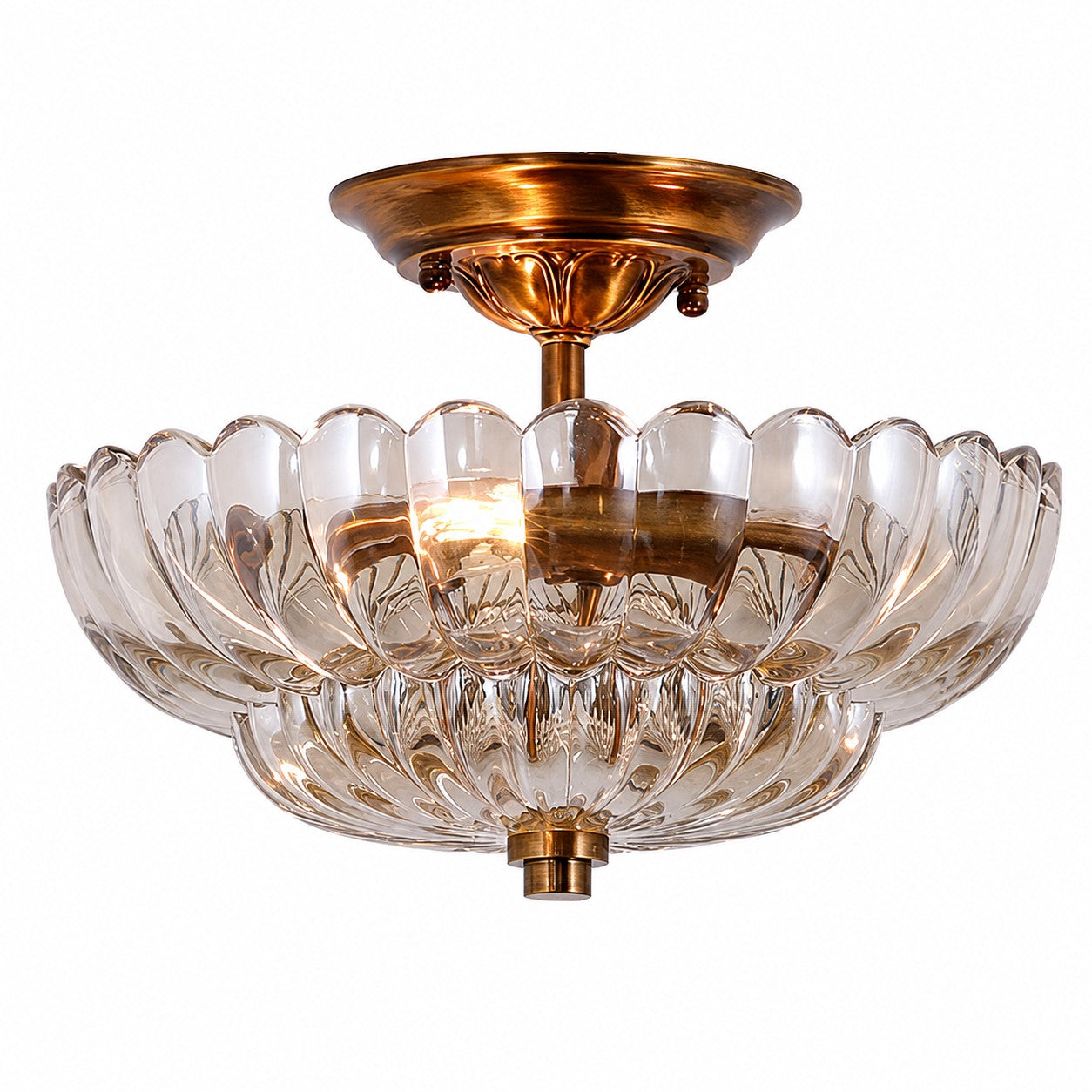 Floral Brass and Amber Glass Semi-Flush Ceiling Light