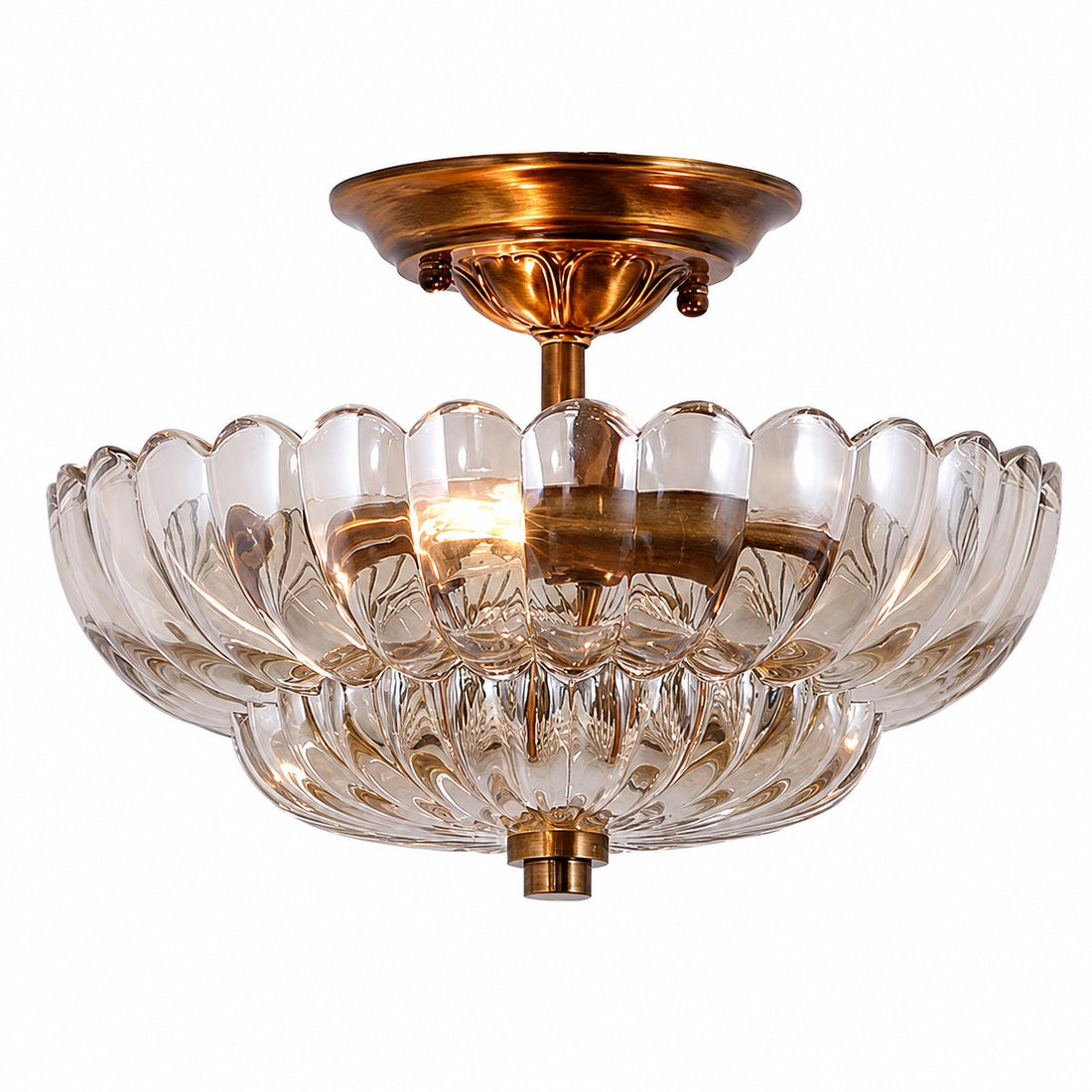 Floral Brass and Amber Glass Semi-Flush Ceiling Light