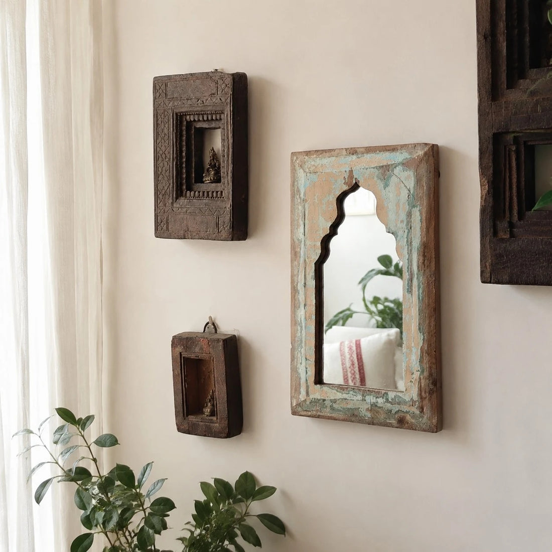Rustic Carved Wood Arch Wall Mirror image 1