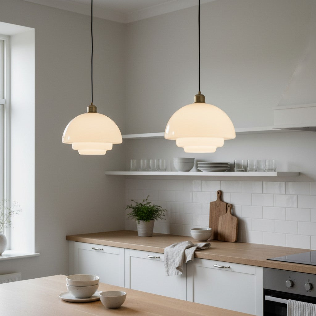 Opalisse Milk Glass Dome Pendant Lamp - Art Deco Pendant Light for Dining Room