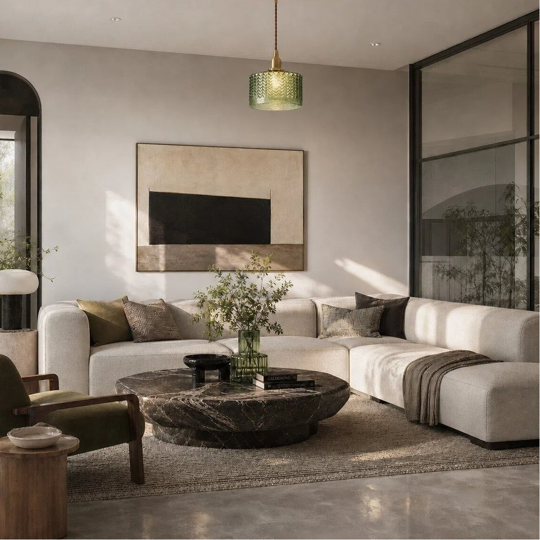 Emerald glass pendant in a modern living room