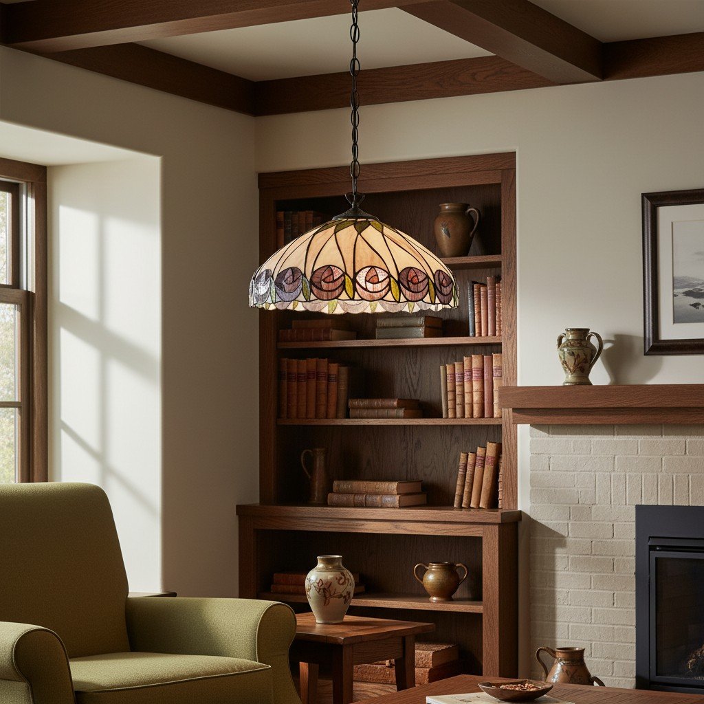 TF Hutchinson Tiffany Glass Pendant Light with Artistic Mosaic Design for Dining and Living Spaces