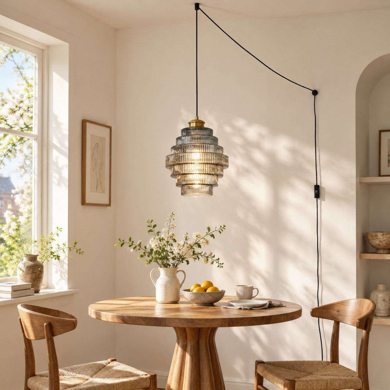 Ridged Glass Plug-In Pendant Light