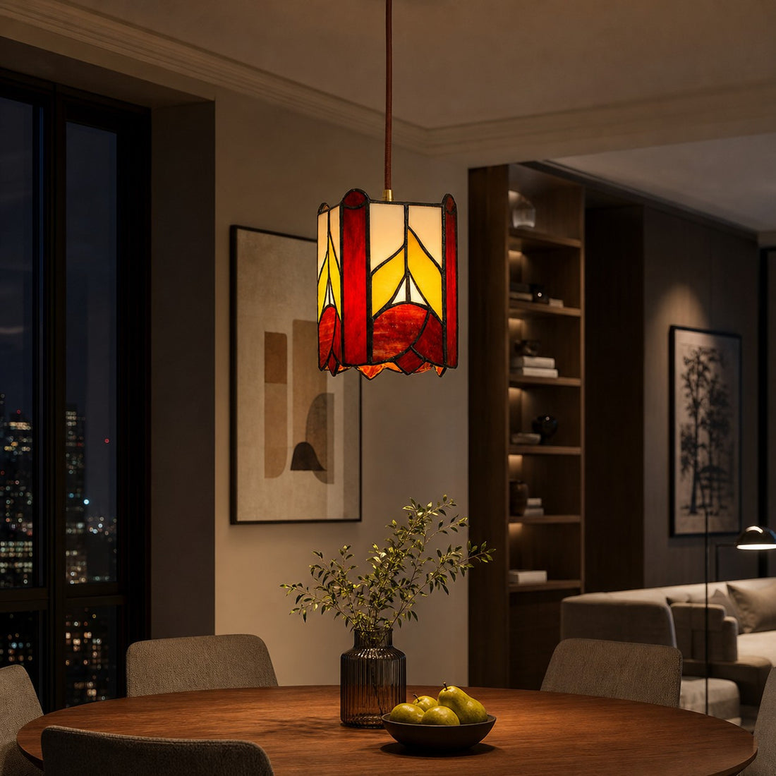 Rose motif pendant above an evening dining area
