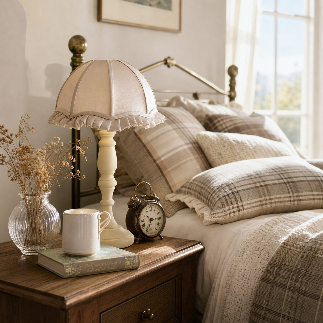 Fabric shade table lamp styled on a bedside table