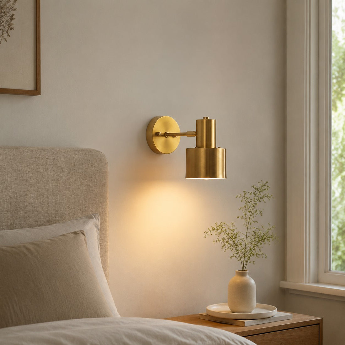 Brass wall sconce casting warm light in a bedroom