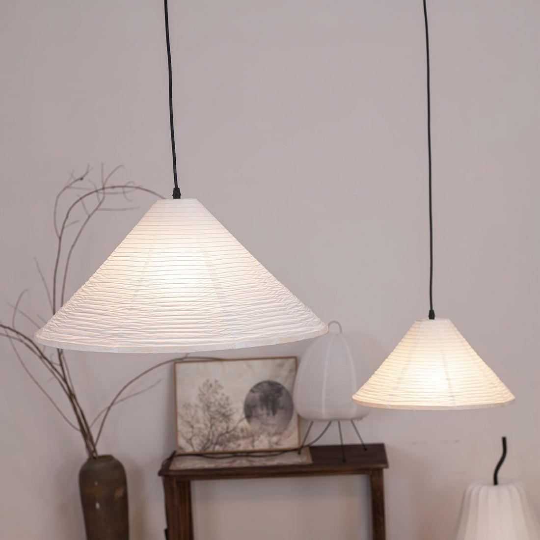 Washi-Papier-Pyramiden-Pendelleuchte – handgefertigte Leuchte für das Wohnzimmer