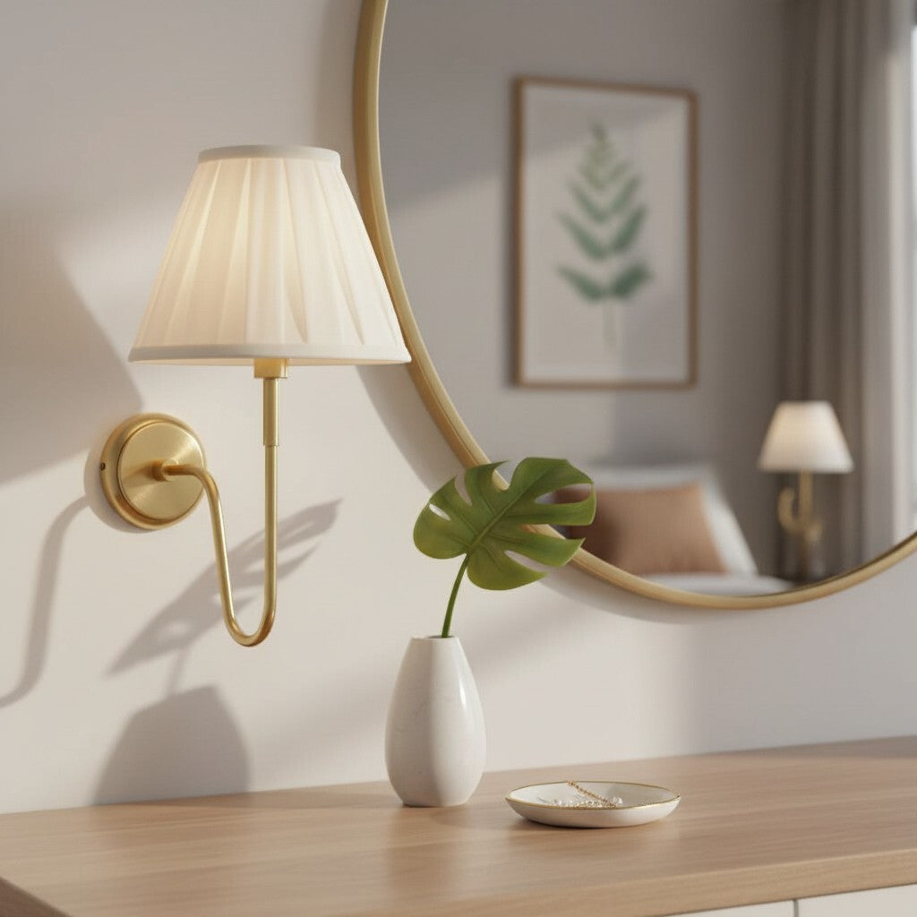 Ivoralux Tapered Fabric Wall Light – Modern Classic Curved Arm Sconce for Hallways or Bedrooms