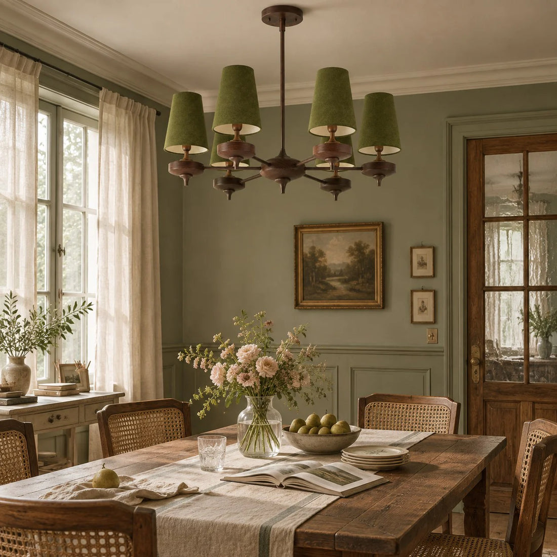 6-light Hour Rho chandelier in green velvet styled in a warm interior