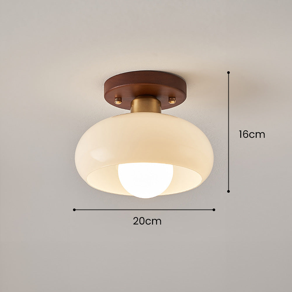 Cream Glass Ceiling Light - Vintage Bauhaus Walnut Lamp for Hallway