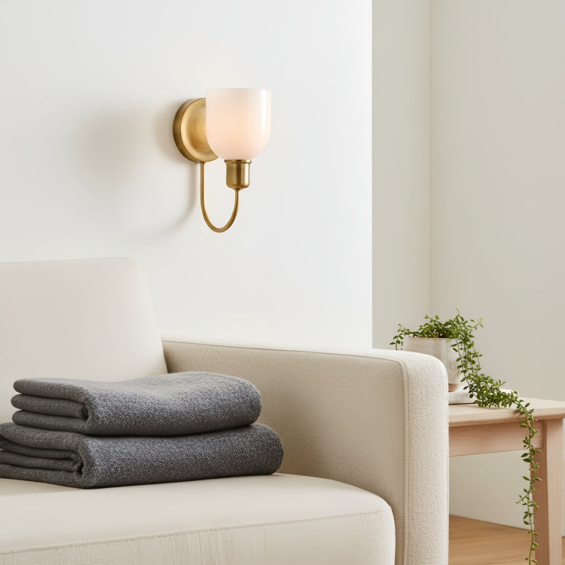 Tracian Wall Sconce - Curved Arm with Glass or Linen Shade for Bedroom